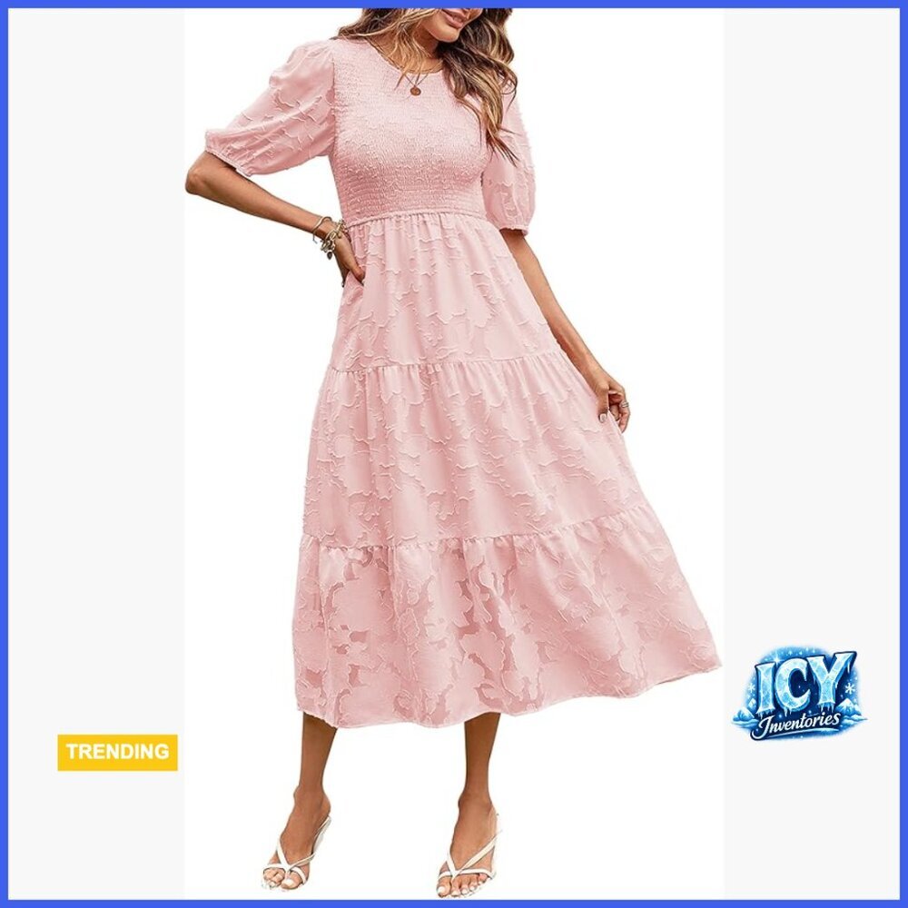 Puff Sleeve Smocked Floral Dress Crewneck Lace Flowy Tiered Midi